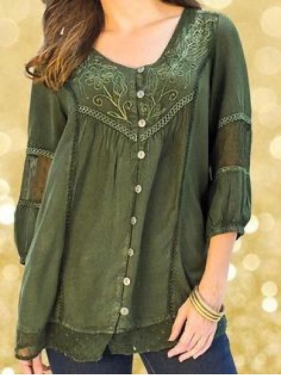 The Paragon Tops - The Paragon Cottagecore Green Embroidered Peasant Blouse XL Boho Whimsigoth